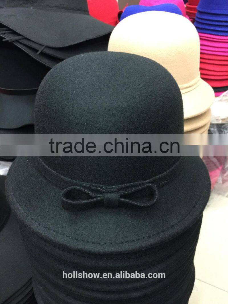 Fashion Korean Bowknot Ribbon Elegant Women Wool Felt Bucket Hat