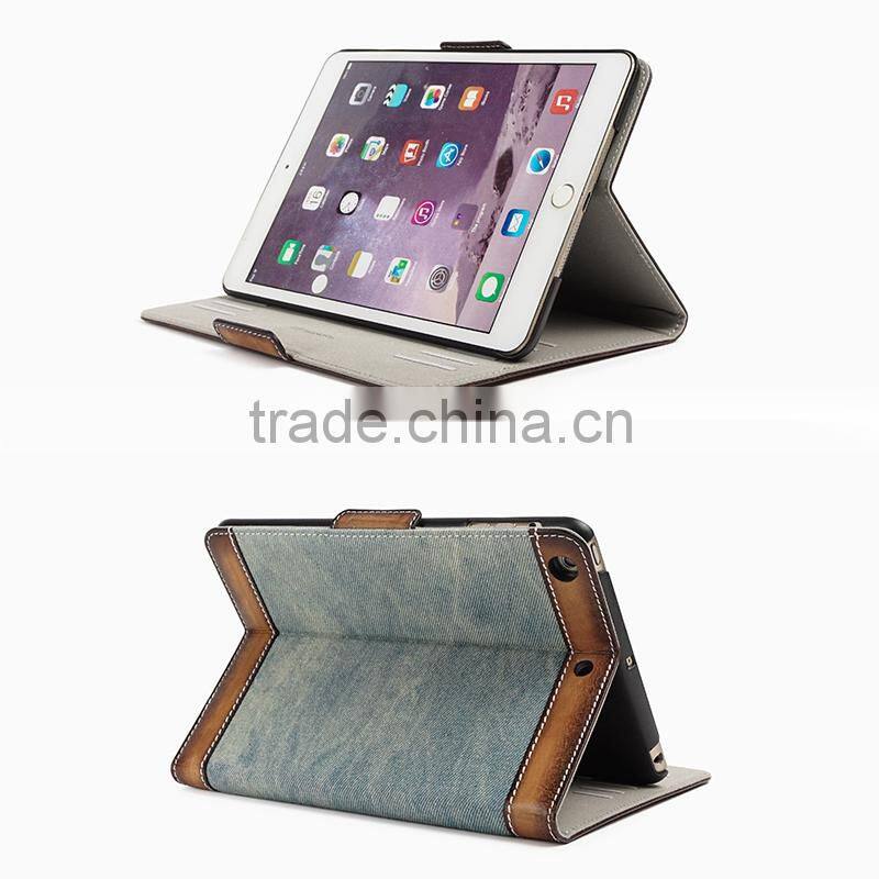 Cowboy Design Jeans/Denim Fabric With Brush-Off Leather Trimming Tablet Case For iPad Air2 OEM/ODM