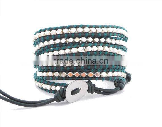 Dark Green Leather Wrap Bracelet with Silver Plated nugget beads