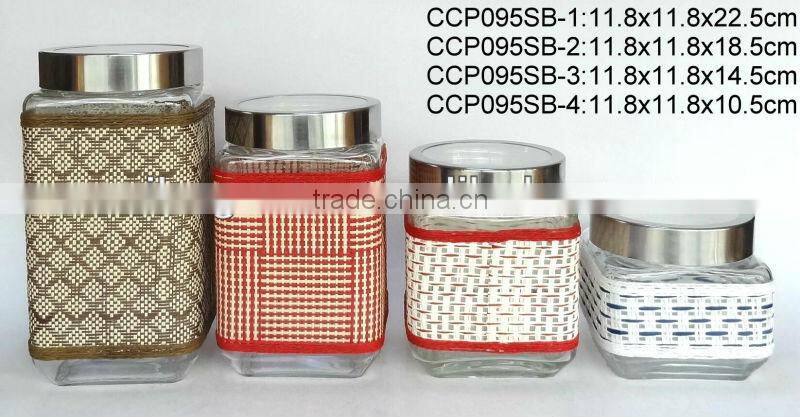 CCP358SB2 square glass jar with weaved coating