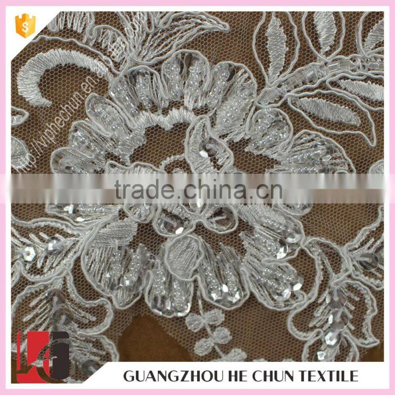 HC-2062-1 Hechun Factory White Sew Clear Sequins Beaded Lace Applique