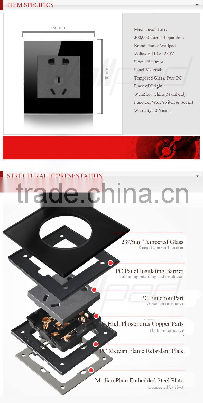 2015 China New Products Wallpad Luxury White Crystal Glass 1 Gang 3 Pin 15A UK Outlet Wall Light Electric Switch Socket