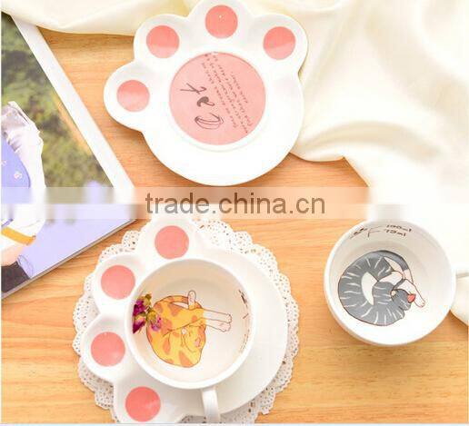 creative lovely pussy cat ceramic coffee mug set with tea tray, promotional pocelain kitty series of 2-piece suit