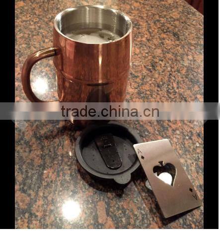 barrel shaped double walled mug with copper plating with lid