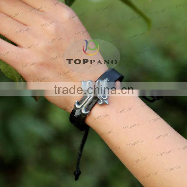 hot sale charming design black leather bracelet metal angel charm