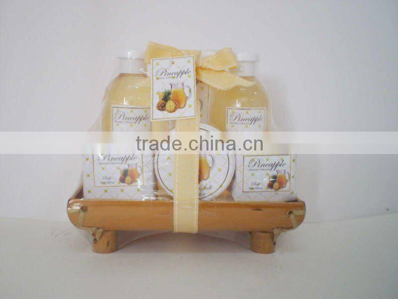 skin care set in bamboo basket with shower gel and body lotion..