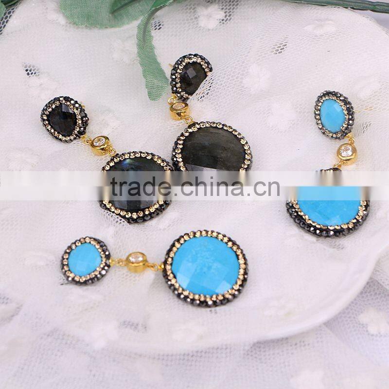 Natural Turquoise Labradorite Gem Stone Druzy Earring, Round Shape Pave Crystal Zircon Jewelry Stud Earrings