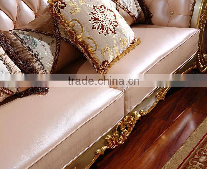 Luxury palace noble living room furniture solid wood hand carved genuine leather sofa set