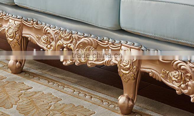 Champagne gold color flower hand carving light blue leather sofa set