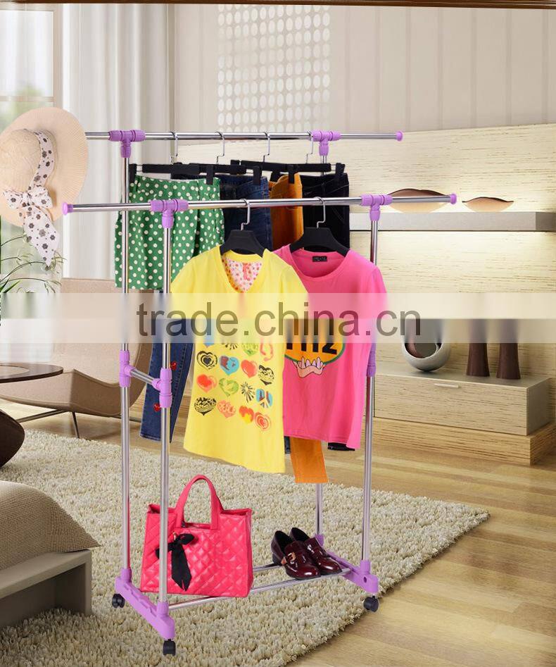 Stainless Steel Adjustable Telescoping Vertical and Horizontal Bars Double Rails Rolling Clothing Rack and Garment Rack