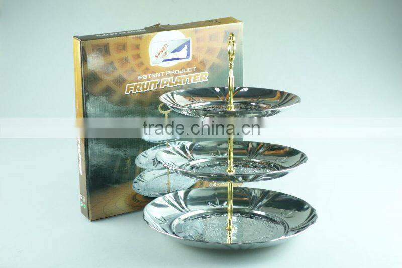 stainless steel three layer metal fruits plate leaf decoration and clourful