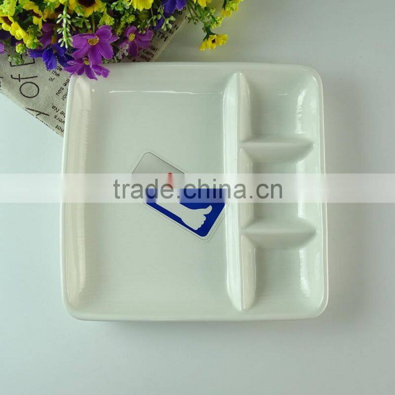 Square white porcelain divided fruit plate, cheap stock porcelain dinner plate for restaurant or hotel plate