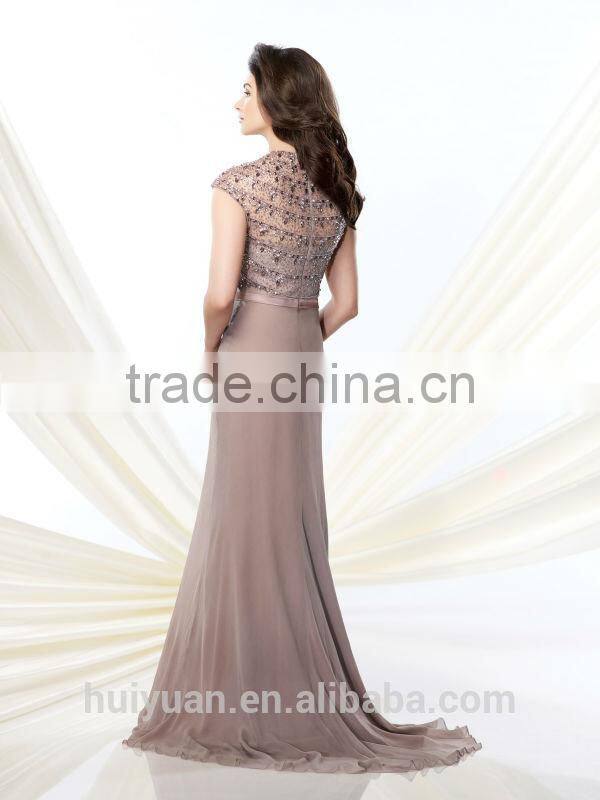 2014 high neck cap sleeve bead embroidered evening dress