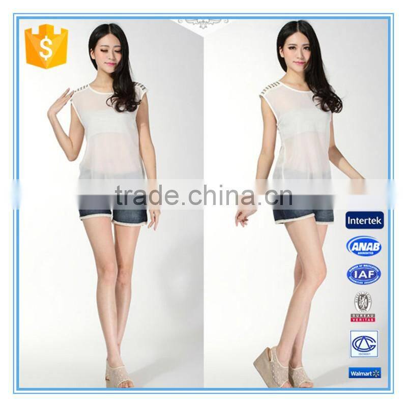Fashion White New Design Beaded Shoulders Ladies Fancy Sleeveless Tops