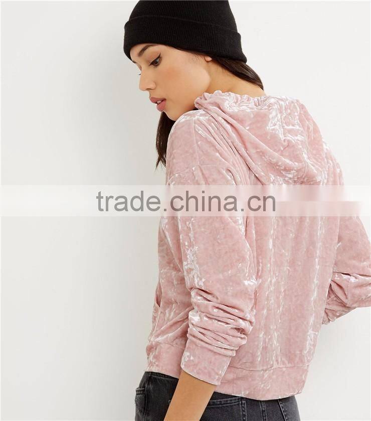MGOO Women Plain Shell Pink Velvet Cropped Hoodie With Drawstrings Front Pocket Fitness Pullover