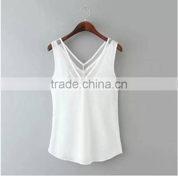 2016 Summer Style Hollow Out Sleeveless Design Tank Top for Women Chiffon Tank Tops
