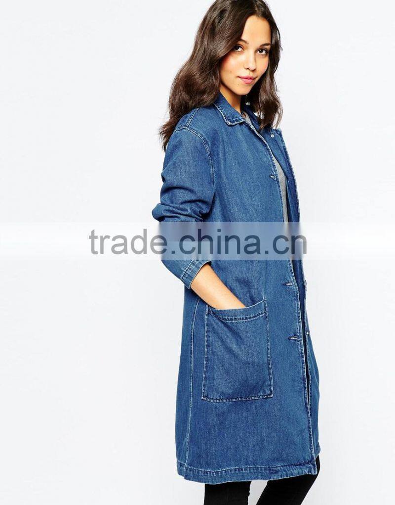 Hot sale unlined denim coat fashion point collar non stretch women coat 2015