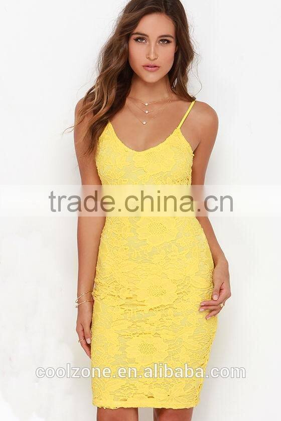 Hot seller sleeveless midi dress sexy yellow midi lace dresses