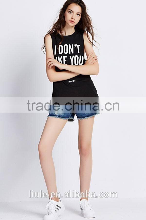 Women Gym Slim Black Print Round Neck Casual Tank Top ladies summer tank top