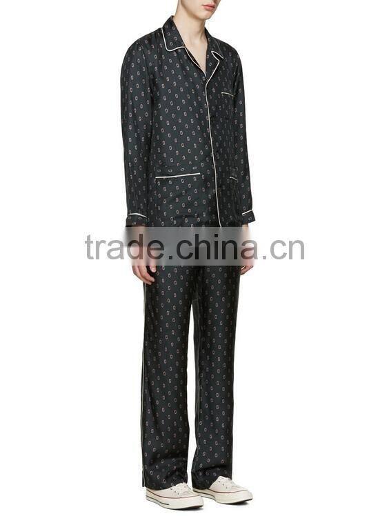 Black with white pipping men silk pajamas wholesale satin night wear