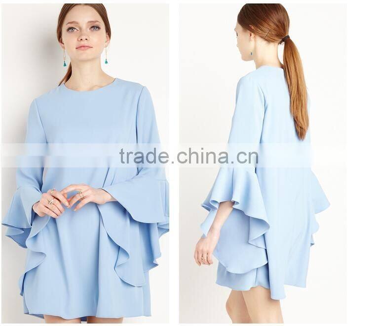 Womens fashion blue sweet OL lotus sleeve loose A-line chiffon elegant dress