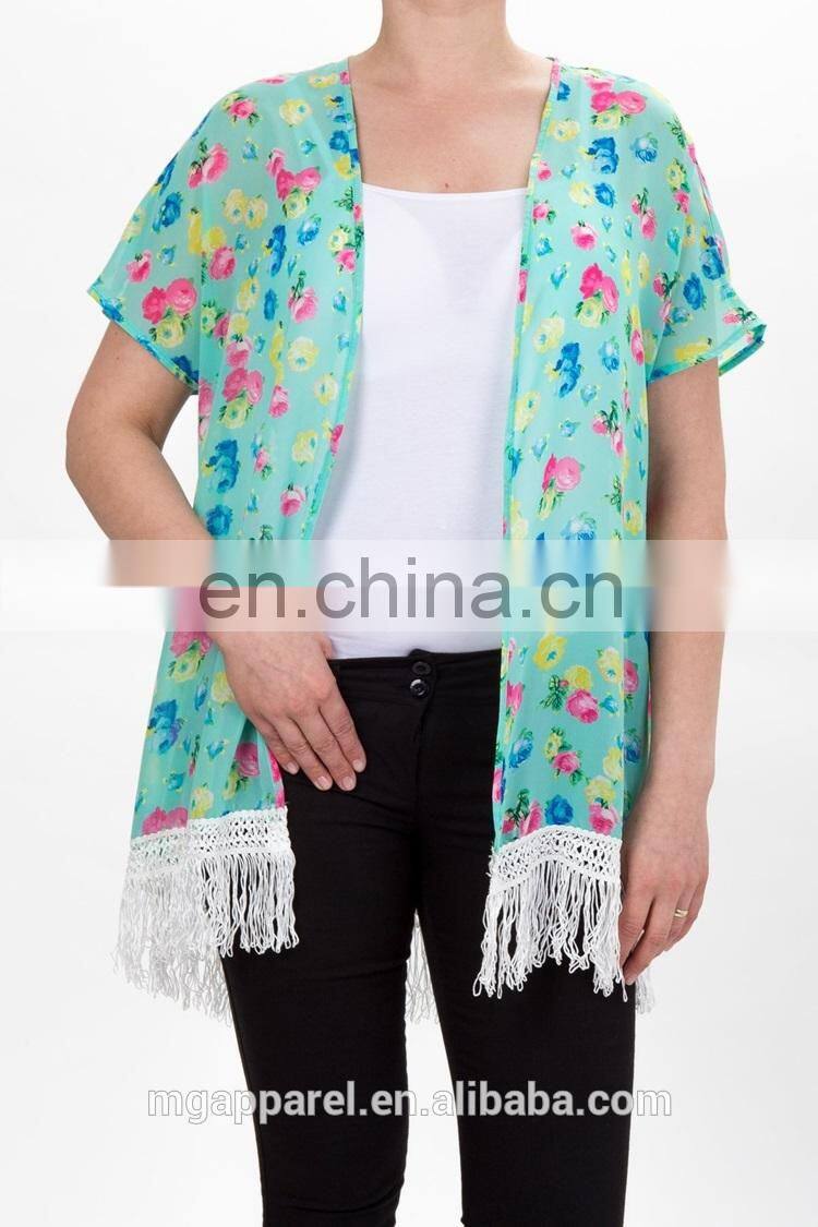 Cheap wholesale floral print no buttons sheer chiffon ladies vest with fringe