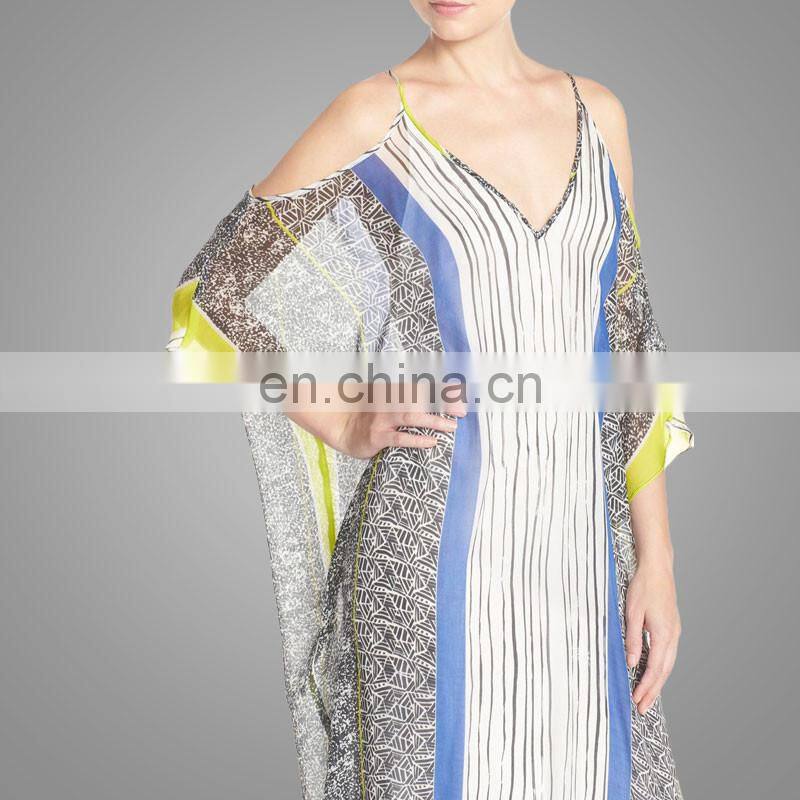 Caftan-style print cold shoulder silk casual chiffon maxi dress latest elegant chiffon casual dresses