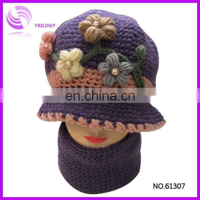 acrylic knitted lady and girls winter cap with bowknot