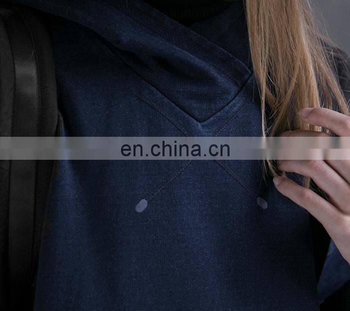 2017 Winter Women Loose Casual Drop Shoulder Indigo Blue Pullover Hoodie With Front Pocket