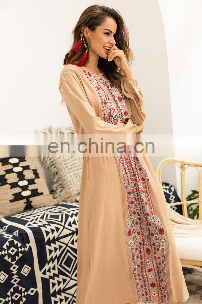 Boho Long Sleeve Maxi Women Dress Bohemian Elegant Casual Long Dresses Muslim Khaki Grey Loose Autumn Fashion Clothes New