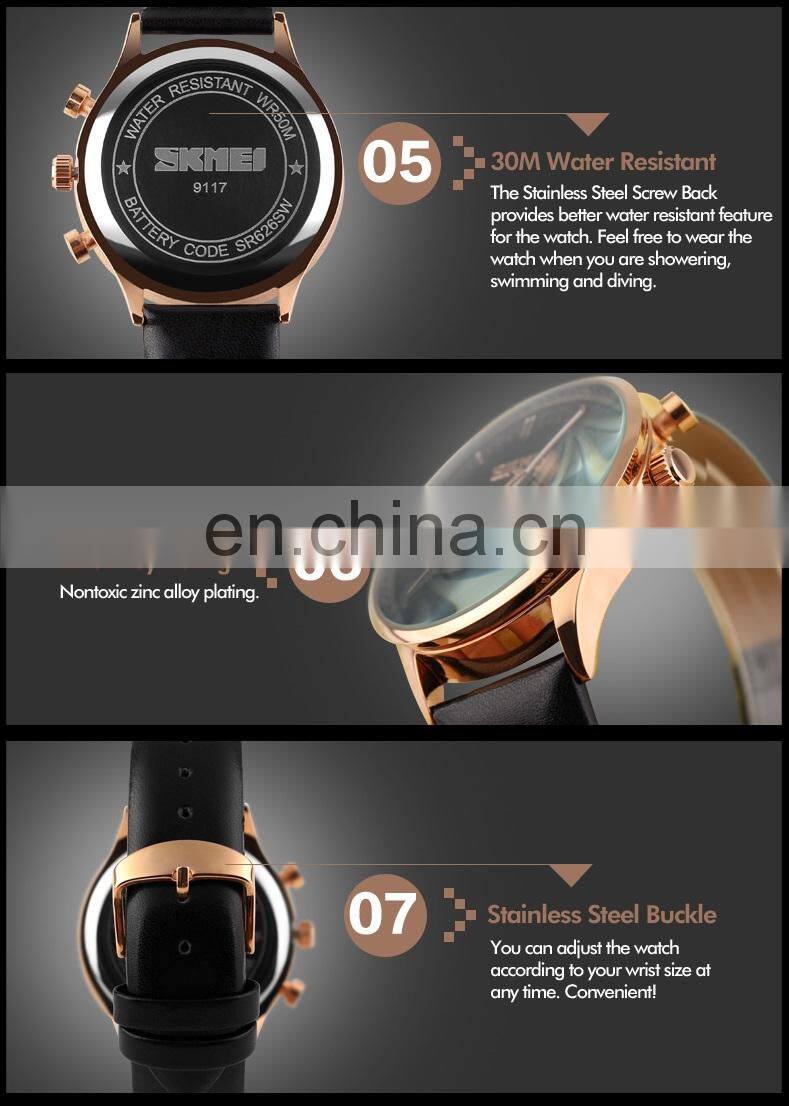 Luxury Goods Skmei 9117 Japan Movt Stainless Steel Back sr626sw Luxury Leather Watch Strap