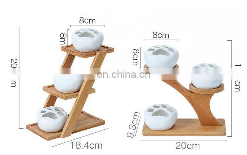 Simple White Creative Succulents Ceramic Cute Kitten Claw Treetop Planter Bamboo Stand Combination Potted Flowerpot