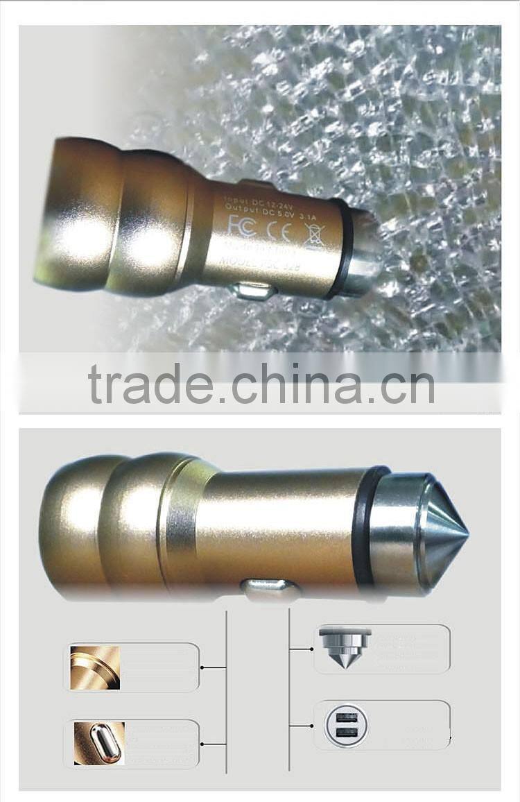 2015safety hammer car charger for cell phone ipad metal aluminum with broken window hammer design function