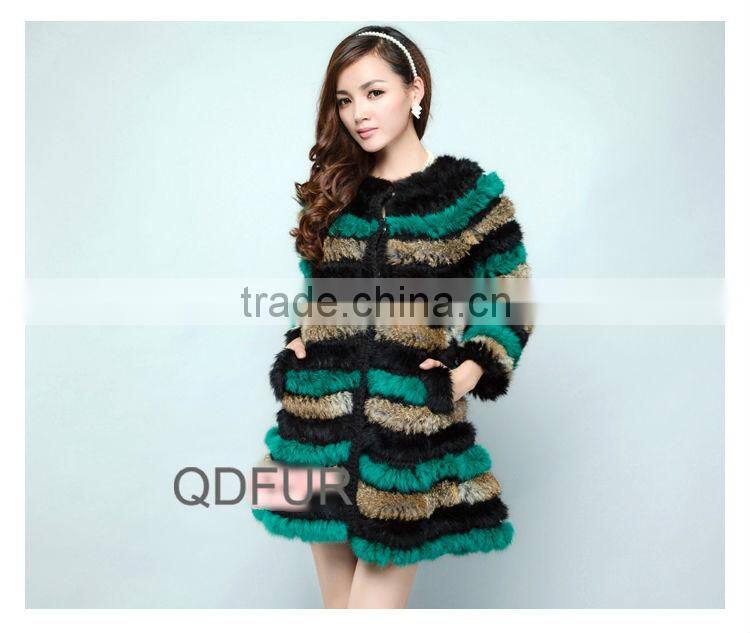 QD28270 Lady Strip Knitted Rabbit Fur Coat From China