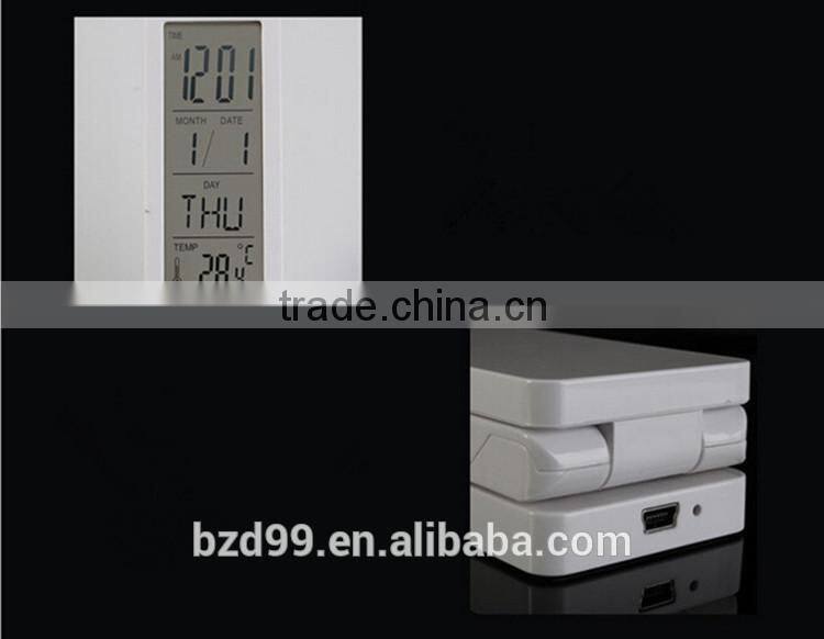 Fashionable USB Port Recgargeable Flexible Folding LED Table Lamp with Calendar Timer Temprature and Alarm Clock Functions