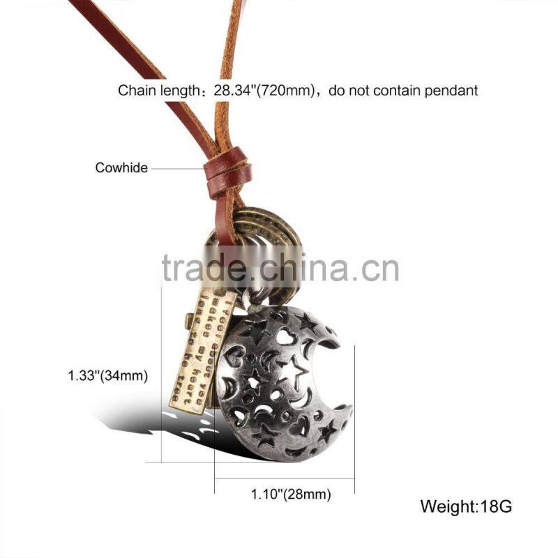 antique jewelry catholic religious items bronze moon necklace with geneuine leather chain