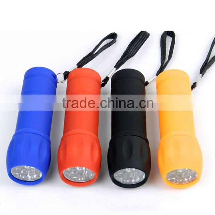 super bright Promotion mini 9 LED flashlight with rubber coating for outdoor camping use AAA battary mini 9 leds lamp