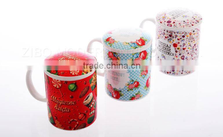 high quality white ceramic coffee mug with print and lid