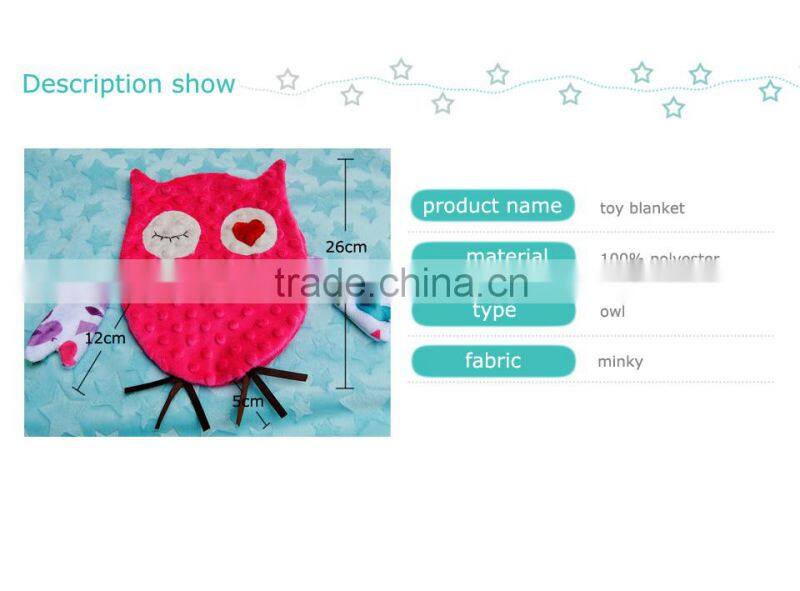2016 New Design Small MOQ Owl Look 100% Polyester Microfiber Minky Comforting Blanket For Baby Christmas Gift SHB150924001