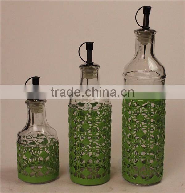 set of 3 olive oil vinegar jar bottle set with light green metal coating