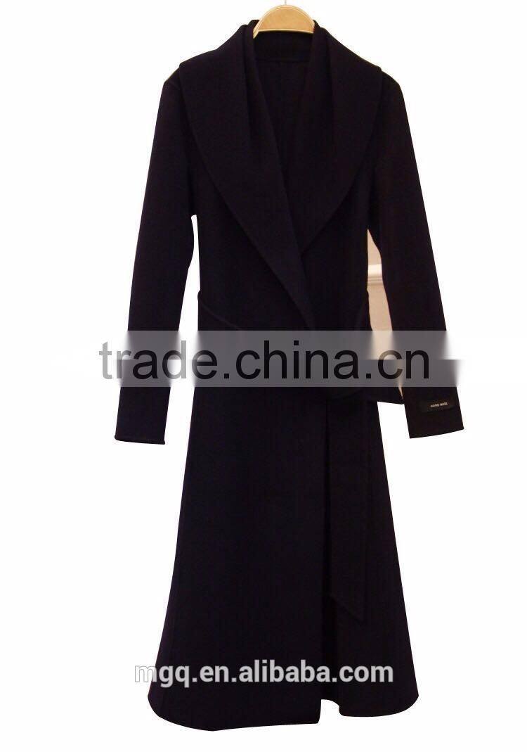 Hand sewn women's wool long coat 100% wool shawl collar with belt