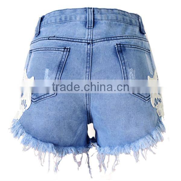 Bohemia style women high waist ripped jeans lace shorts