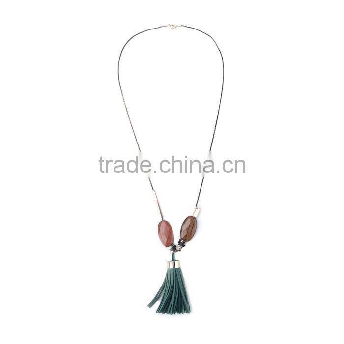 wood bead chain necklace tassel necklace geometric metal beads rings on chain necklace