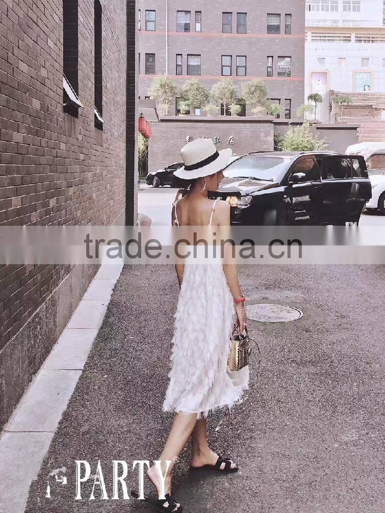 guangzhou oem clothing women pearl detail dresses angel cami feather dress