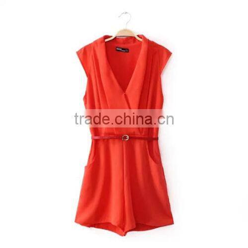 Sexy elegant deep V neck sleeveless red short rompers womens jumpsuit