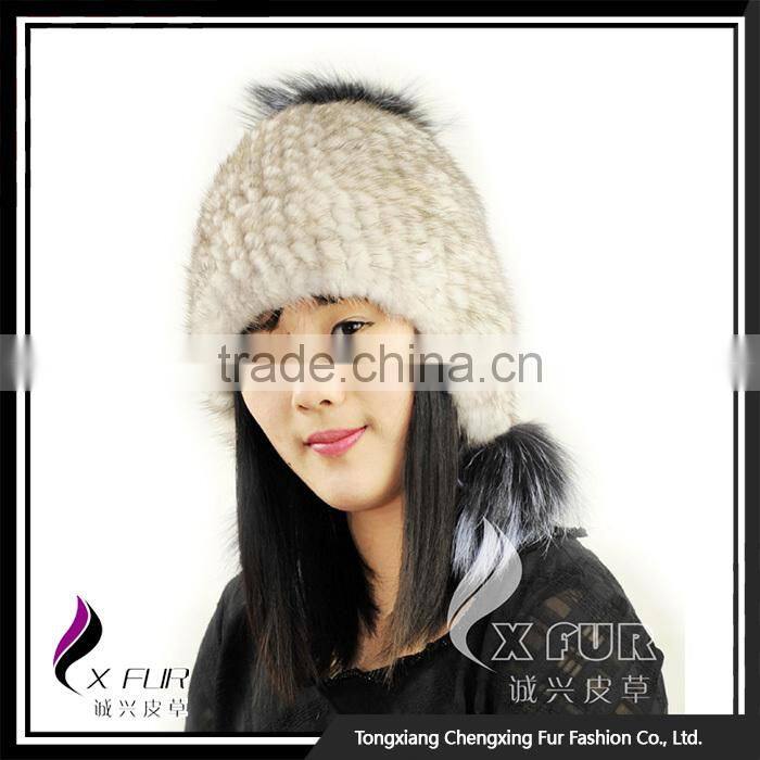 CX-C-08C Custom Beanie Hat With Fur Pom Pom,Knitted Hat With Pom Pom, Mink Fur Knitted Cap