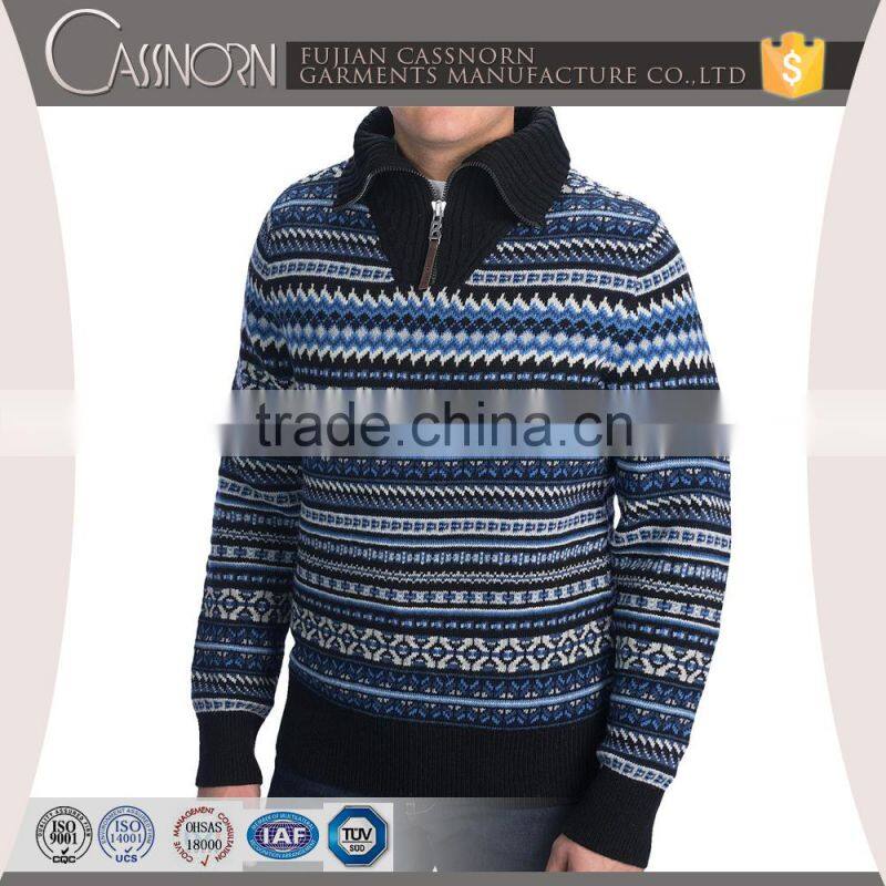 new wool polo neck long sleeve colorful jacquard mens sweater 1/4 zip pullover