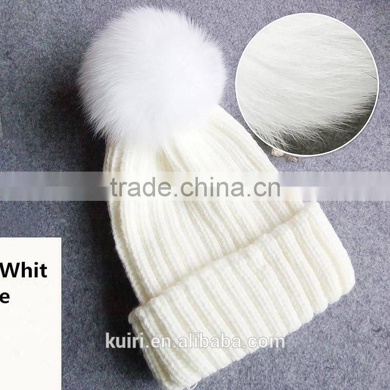 high quality 15cm fox fur real sheep wool knit beanie hat with fox fur ball