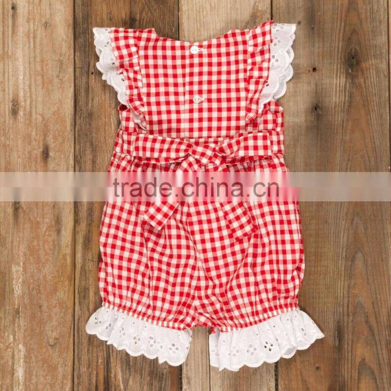 Girls Red Check Lace Bubble 4th of july Romper For Baby Kids