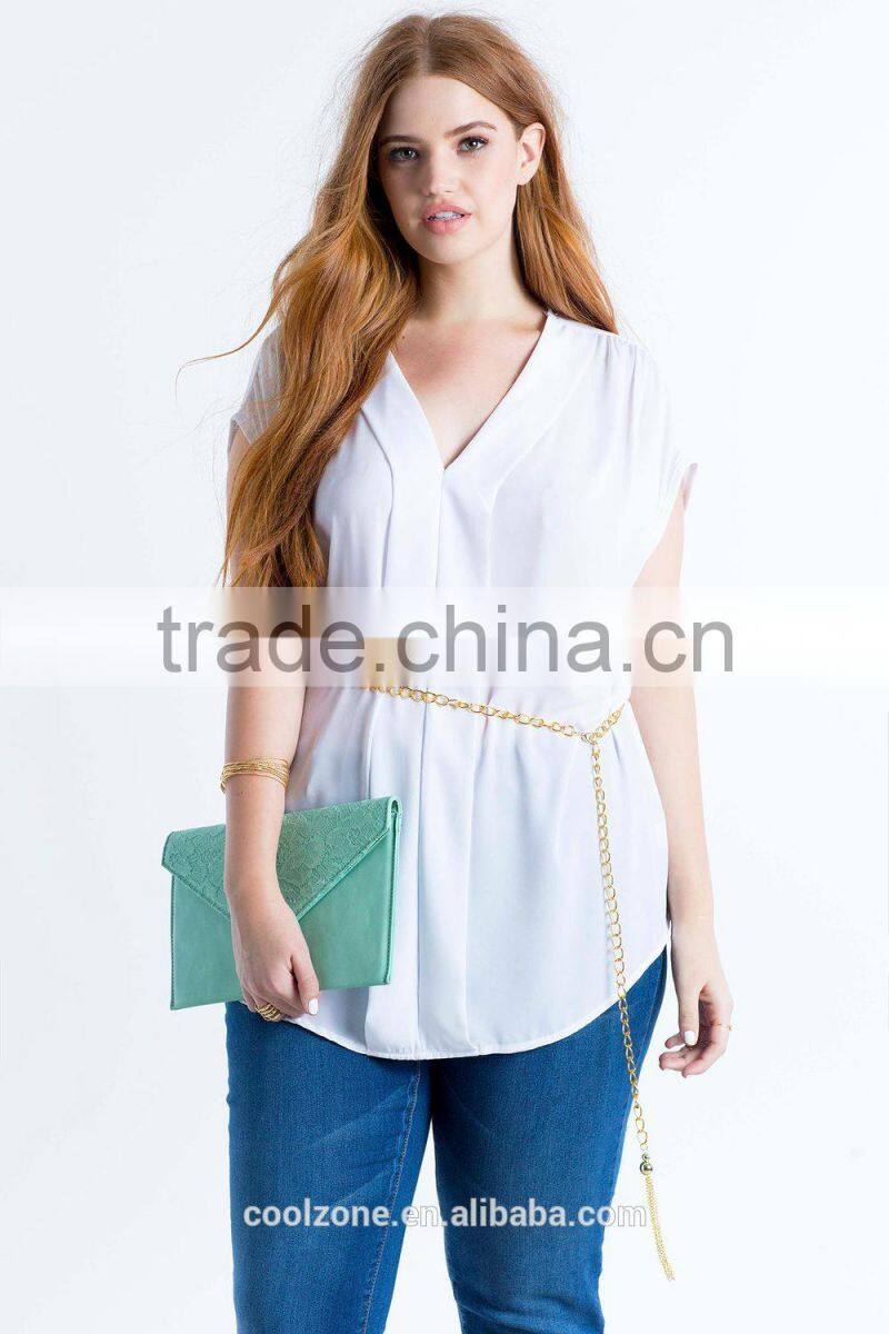 Relaxed V-neck pleated plus size chiffon blouse/woman top